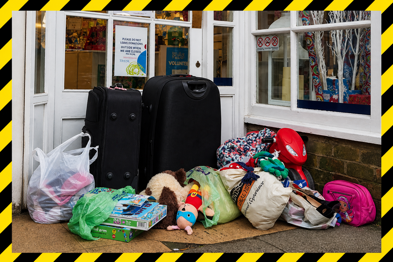 A pile of donation bags left outside a charity shop.